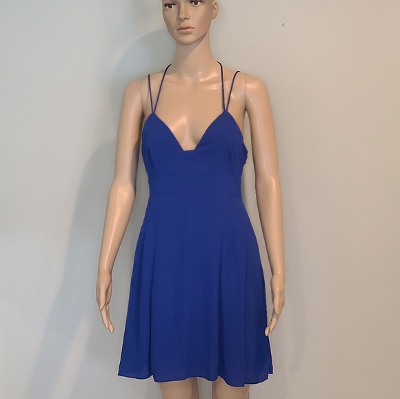 Express Strappy Royal Blue Skater Fit & Flare V Neck A Line Dress Criss Cross - Picture 2 of 4